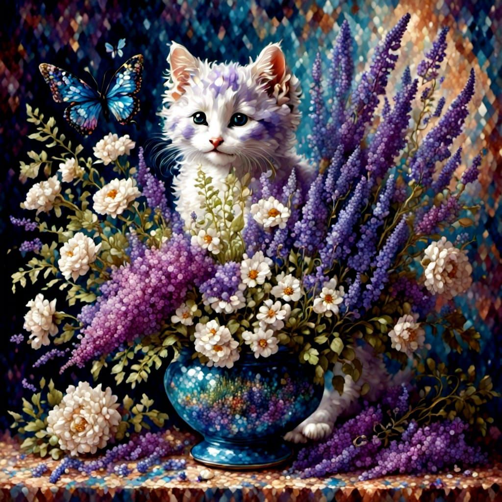 Floral Bouquet with Kitten in Hyperreal Style
