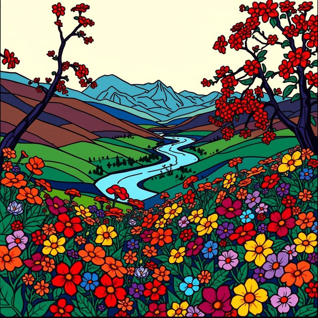 Surreal Stained Glass Landscape in Vibrant Colors