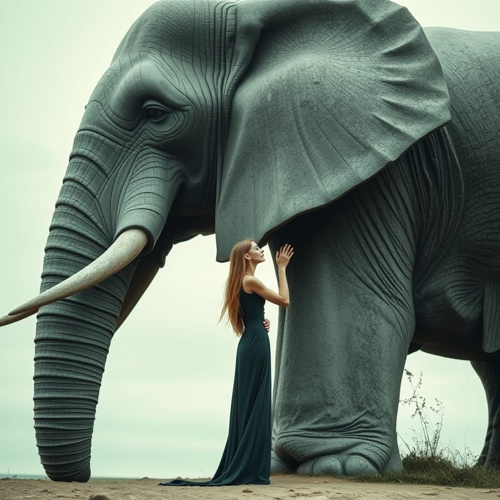 Greenscale Woman and Giant Elephant Sculpture