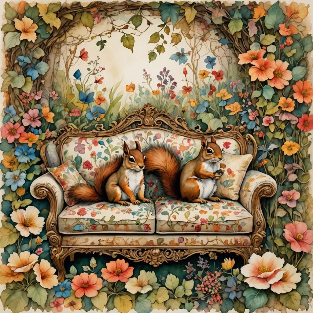 Whimsical Garden Scene with 100 Cute Squirrels in a Dreamlik...