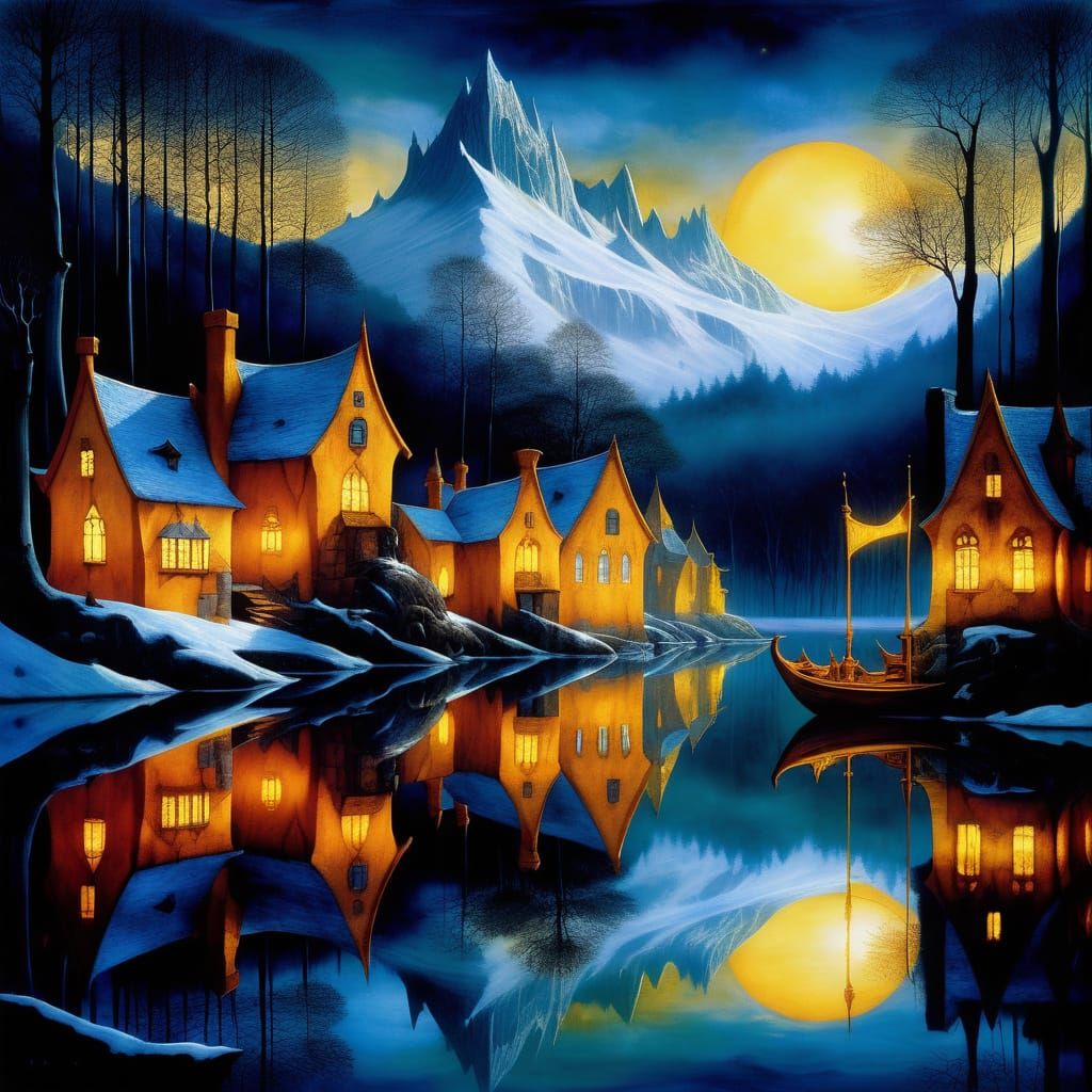 Mystical Winter City in Orange Woods at Night