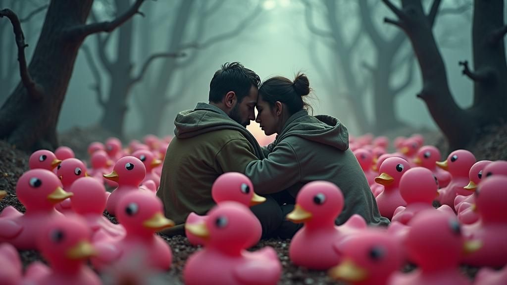 Frightened Couple Surrounded by Pink Rubber Ducks