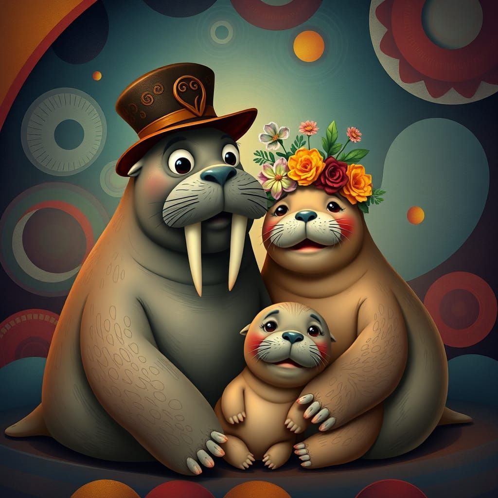 Surreal Walrus Family in Whimsical Circle, Inspired by Pixar...