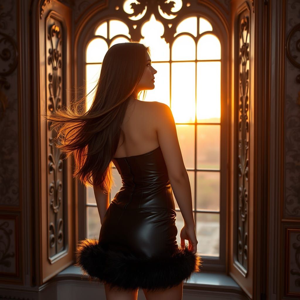 Gothic Goddess in Luxe Attire Looks Out at Sunset
