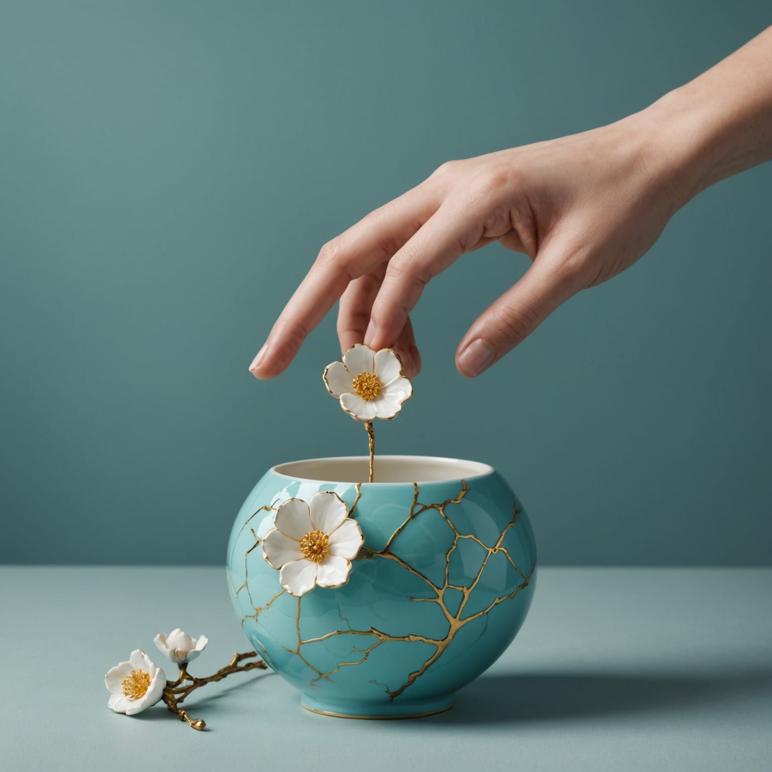 Kintsugi Porcelain Hand Grasping Turquoise Flower