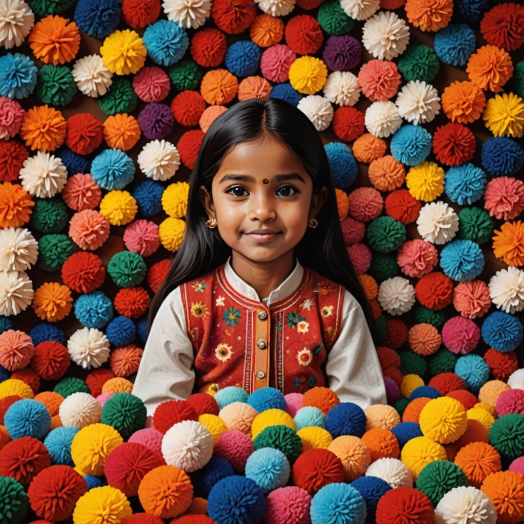 Beautiful Indian girl with a room full of toys made of pom p...