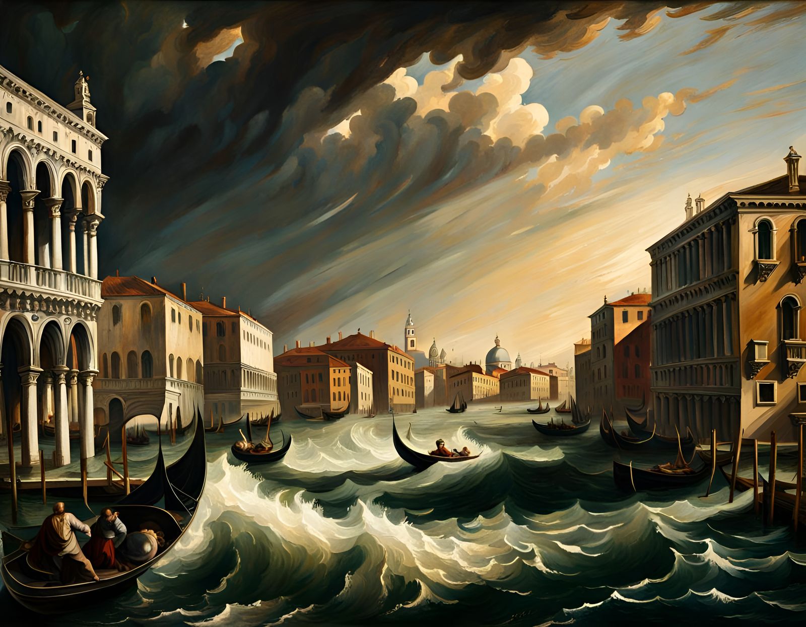 Venice Painting with Approaching Wave in Renaissance Style