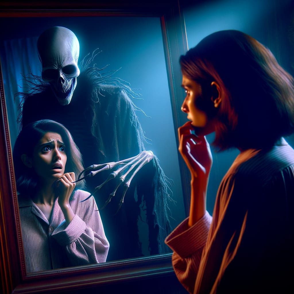 Terrifying Portrait of Salma Facing Shadowy Reflection