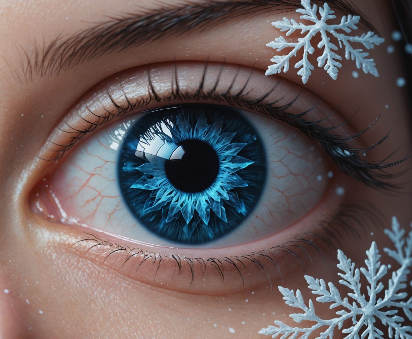 Glowing Blue Eye in Snowflake Iris, Anime-Inspired Art