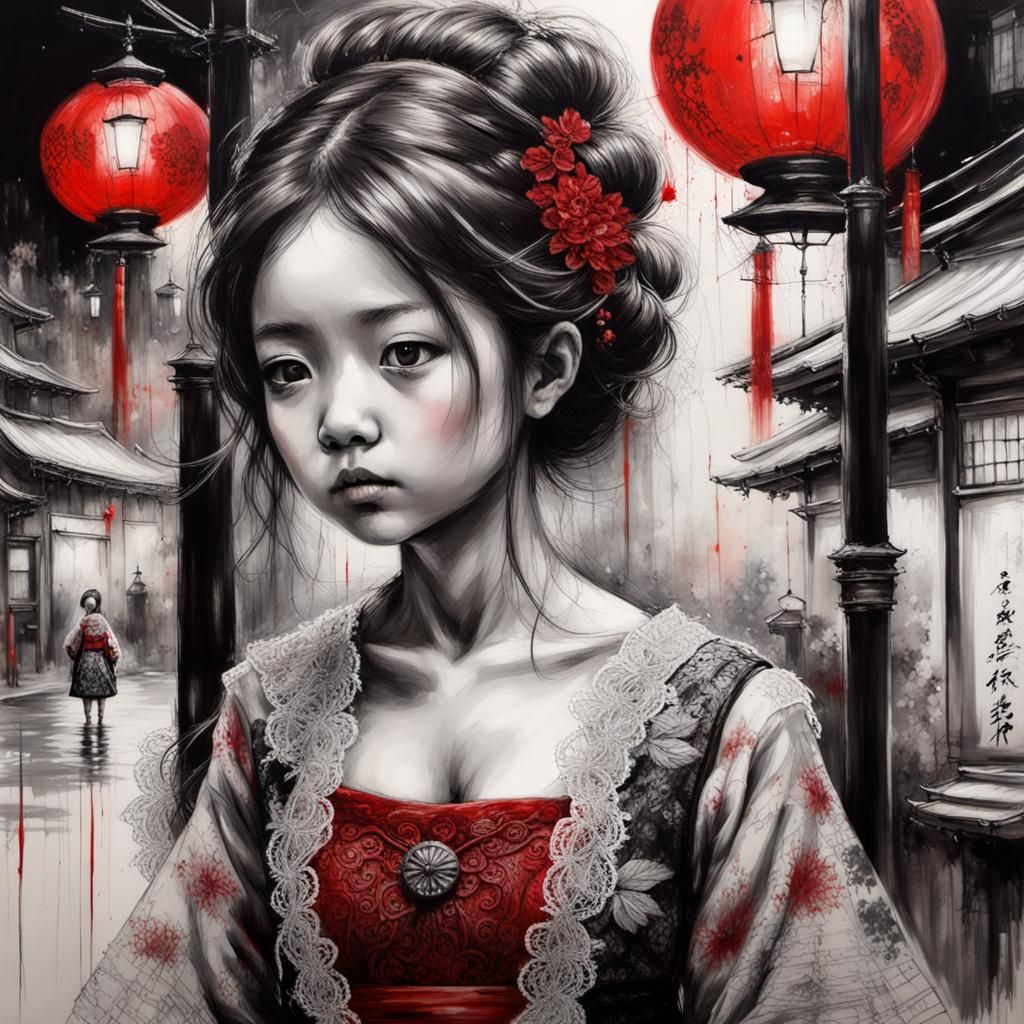 Japanese Princess in Red and Black Oil Painting