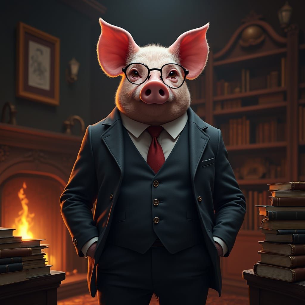 Sophisticated Pig in Futuristic Study