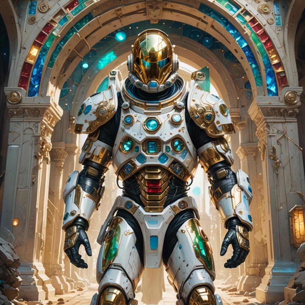 Biomechanical Astronaut in Golden Mask Under Stone Arch