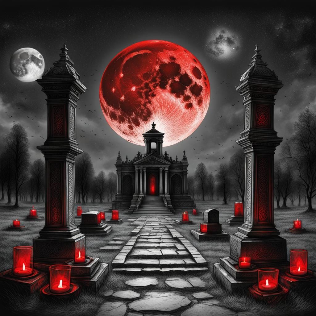 Red Moon Rising Over Cemetery: Fantasy Art