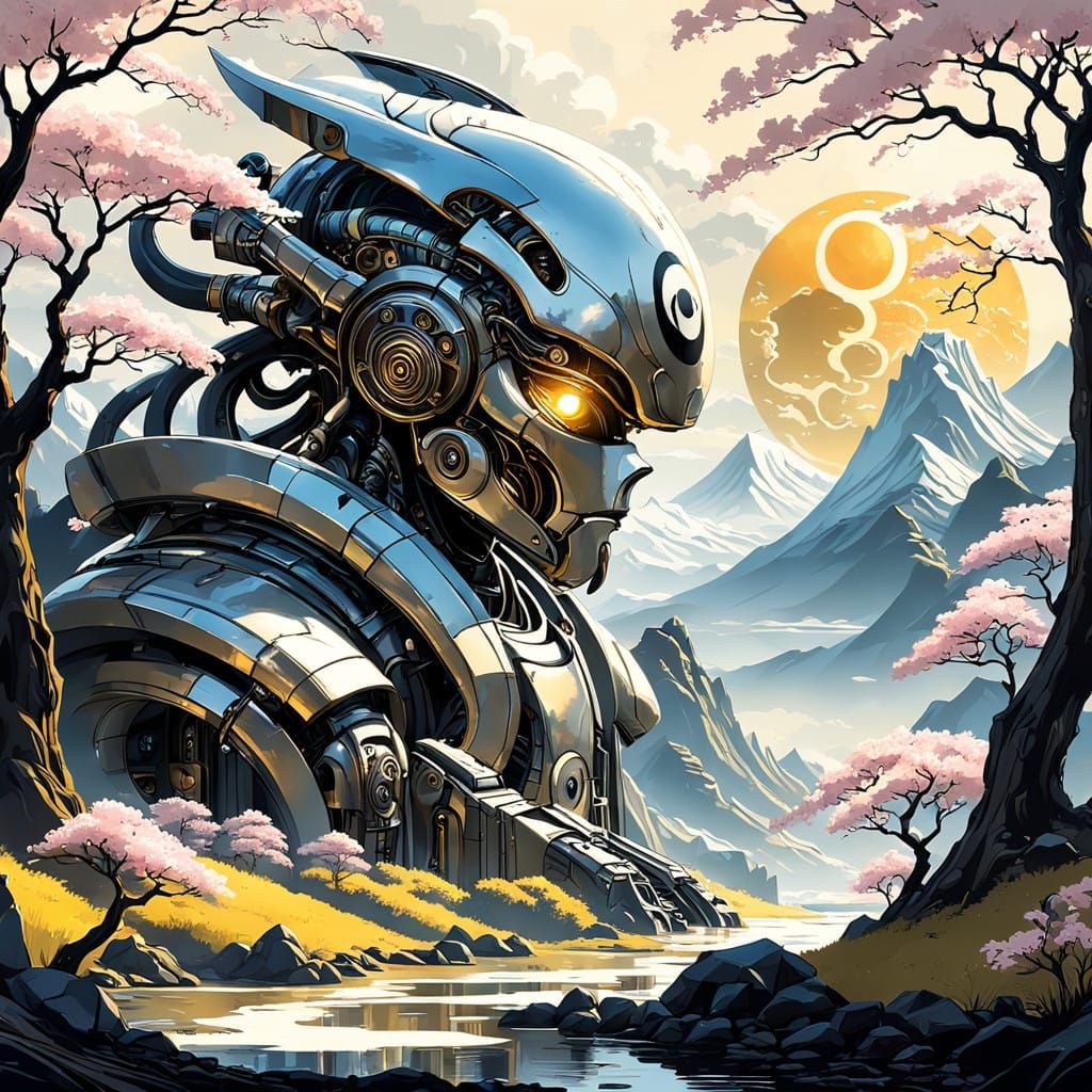 Surreal Japanese Landscape with Yin Yang Symbol in Golden Li...