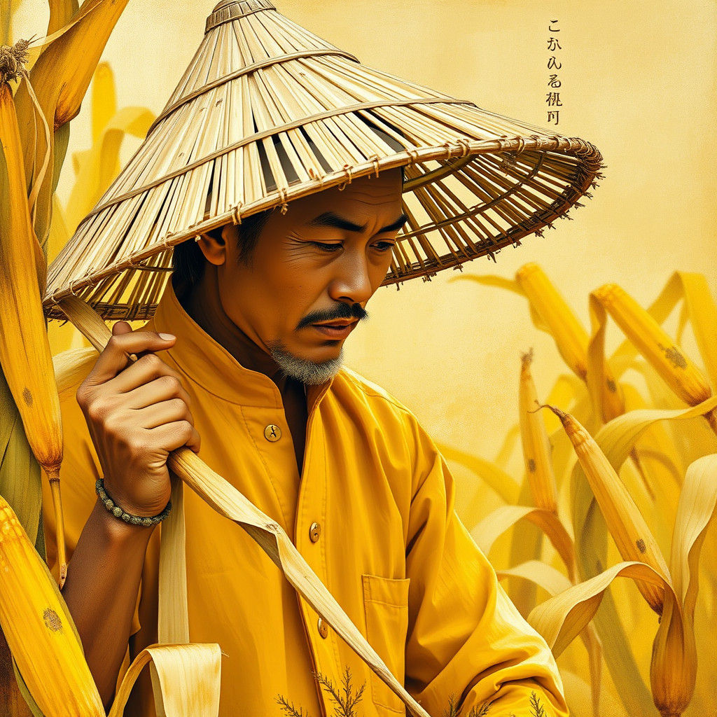 Man Harvesting Corn in Yellow Clothes and Bamboo Hat