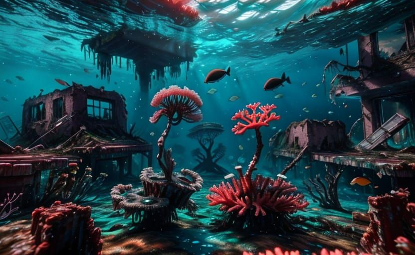 Underwater City Ruins with Coral and Kelp in Bokeh