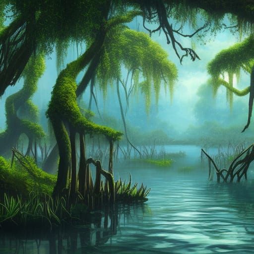 Detailed Swamp Painting with Mangrove Trees