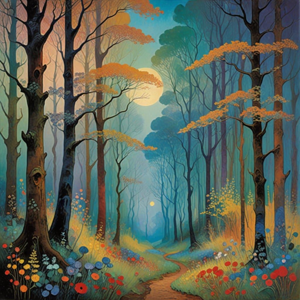 Mysterious Fantastical Forest in Odilon Redon Pastel Style