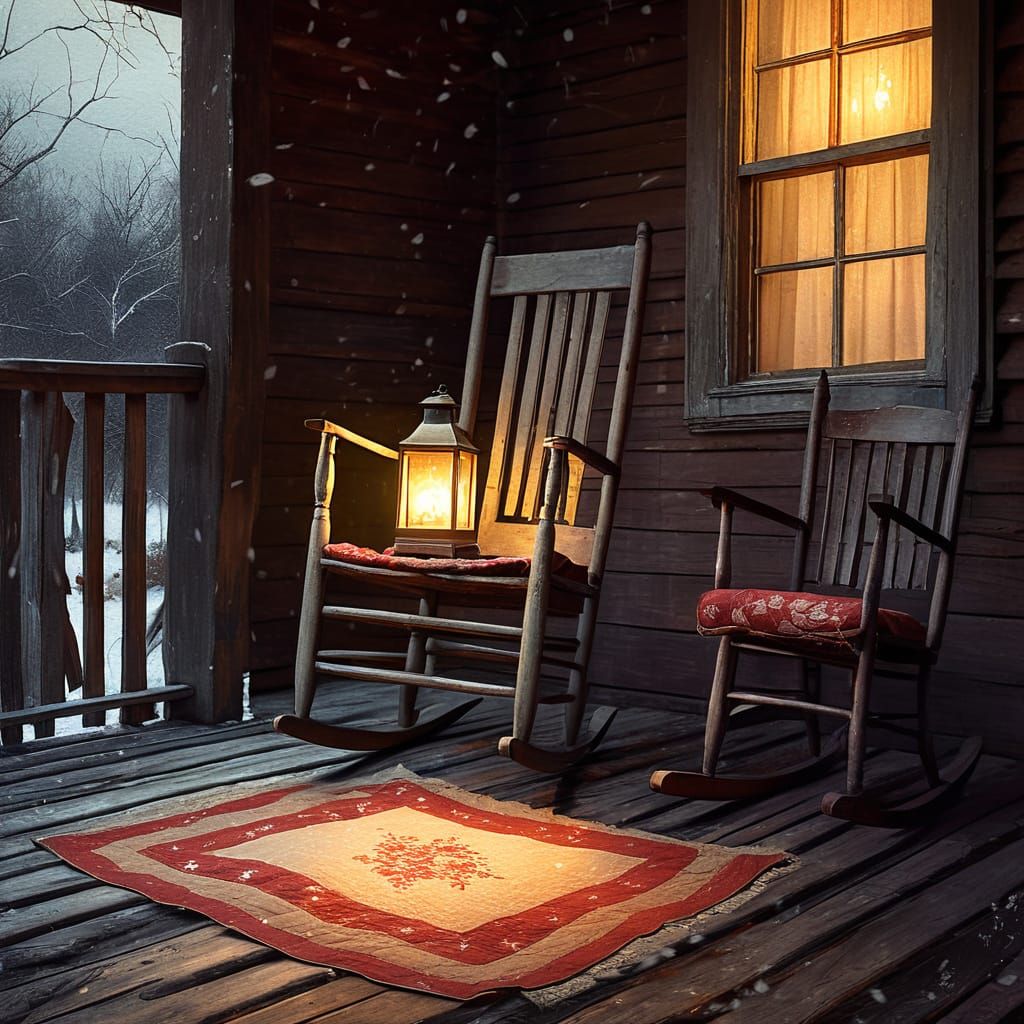 Eerie Snowstorm on a Vintage Americana Porch