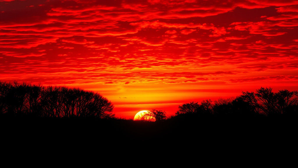 Ethereal Red Sunset with Dark Silhouetted Trees