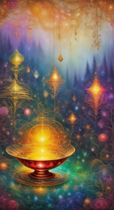 <lora:Abstract world:1.0> A glass teacup filled with magical...