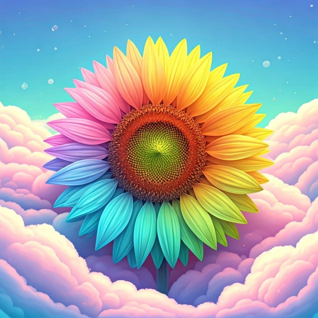 Rainbow Sunflower Blooms Among Whimsical Clouds of Cotton Ca...