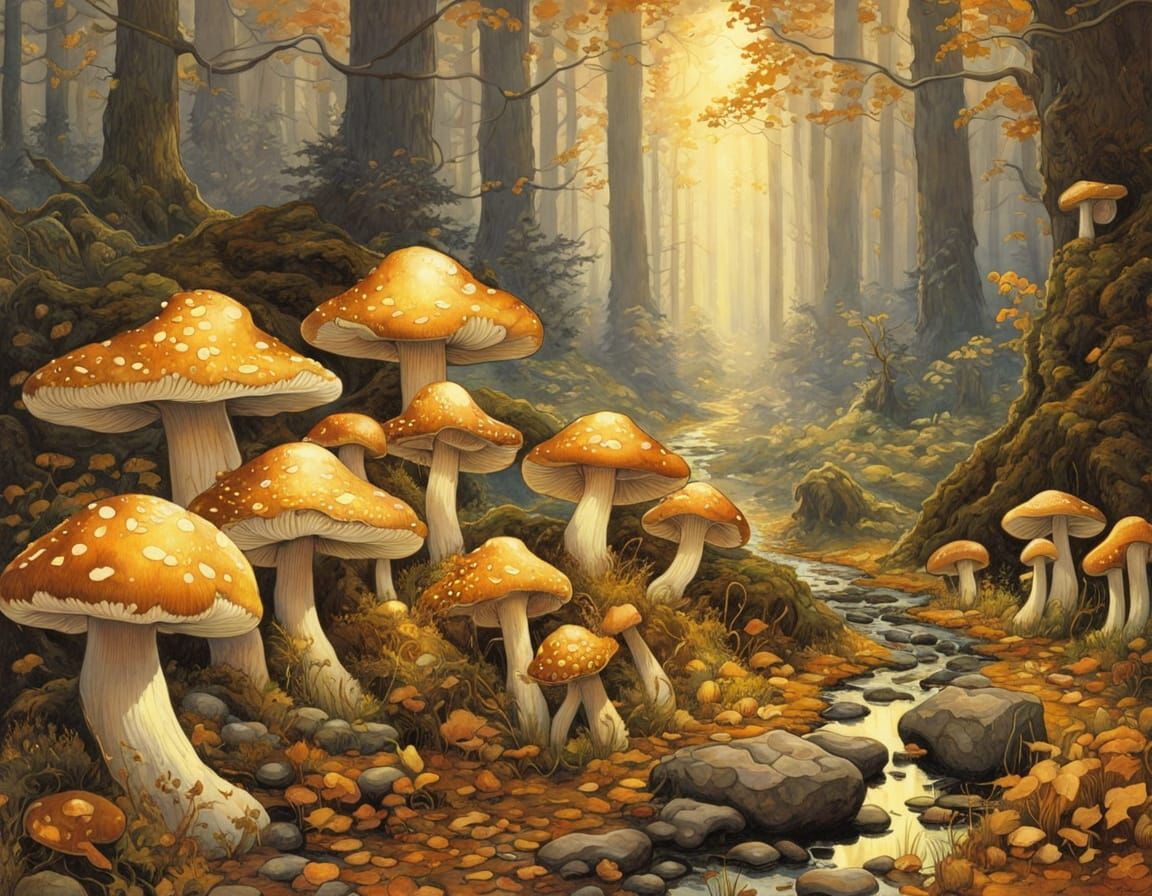 Mushrooms in Whimsical Autumnal Oz Landscape