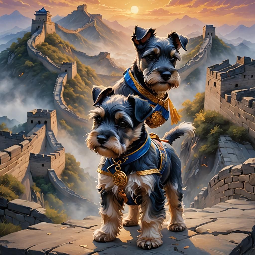 Schnauzer Puppy at Great Wall as Oil Painting