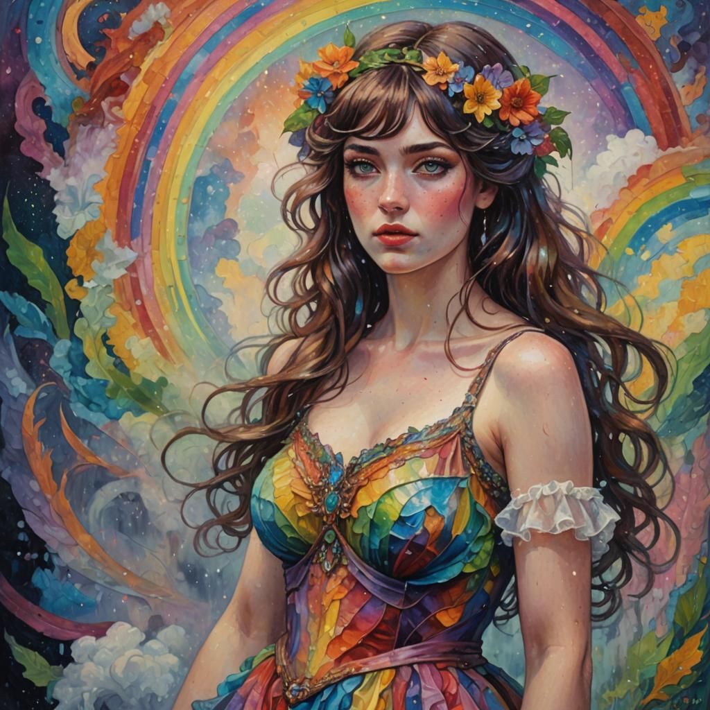Brunette Woman in Rainbow Dress: Art Nouveau Psychedelic