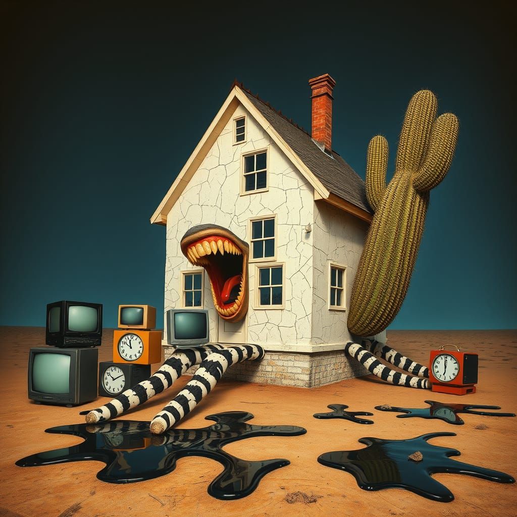 Surreal Scene with Elongated House and Distorted Time