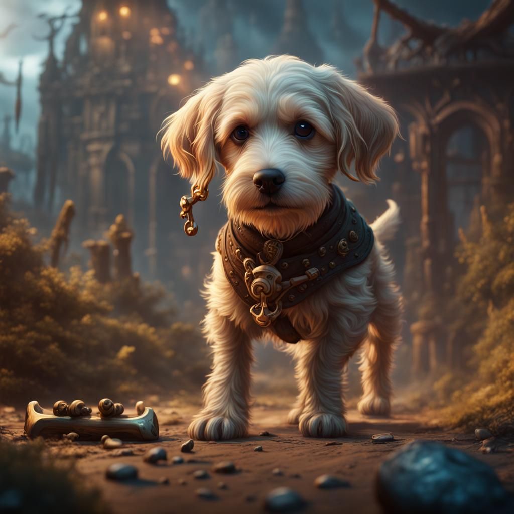 Cute Dog's Bone Quest: Detailed Fantasy Art