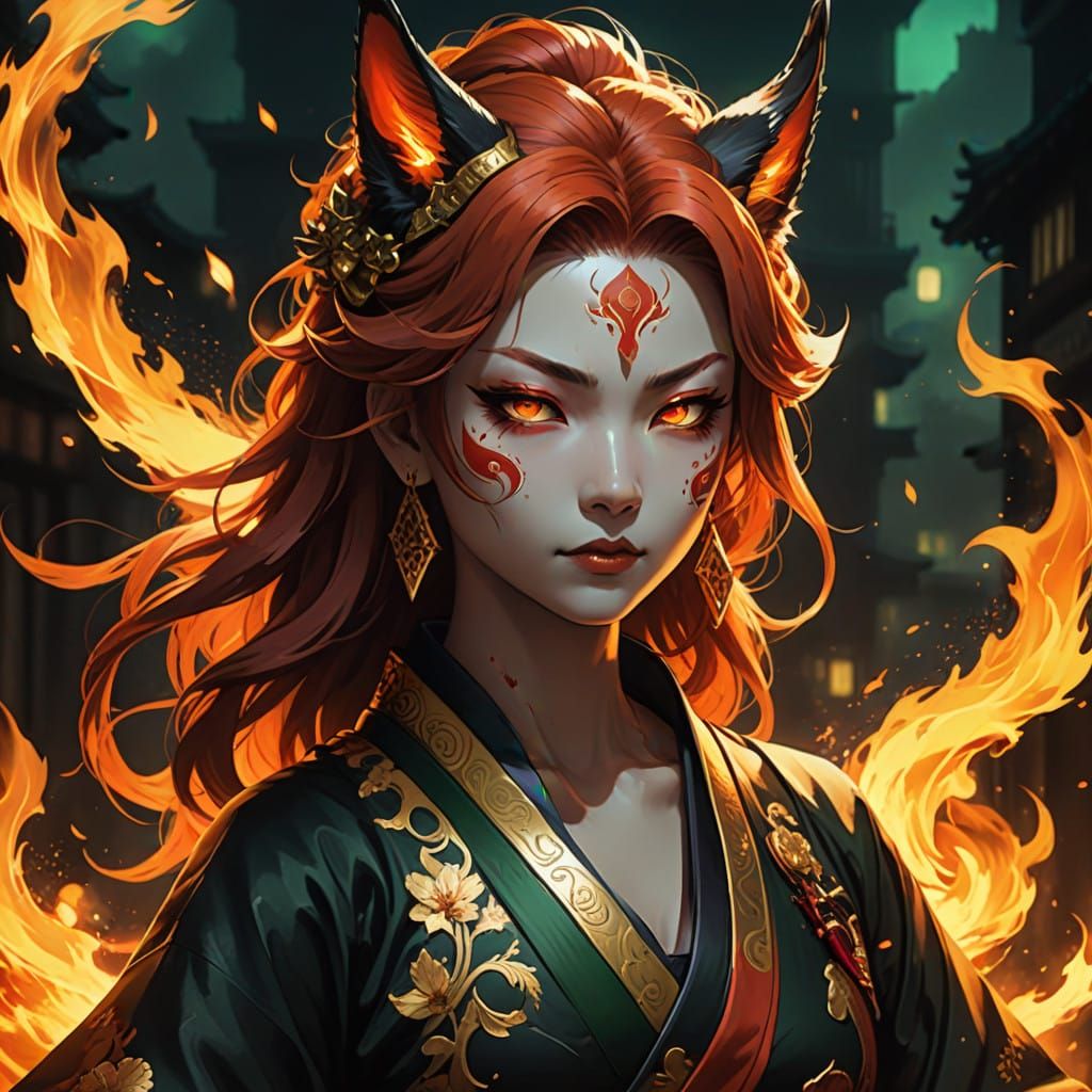 Majestic Shadowfire Oni Kitsune in Smoky Fantasy Landscape