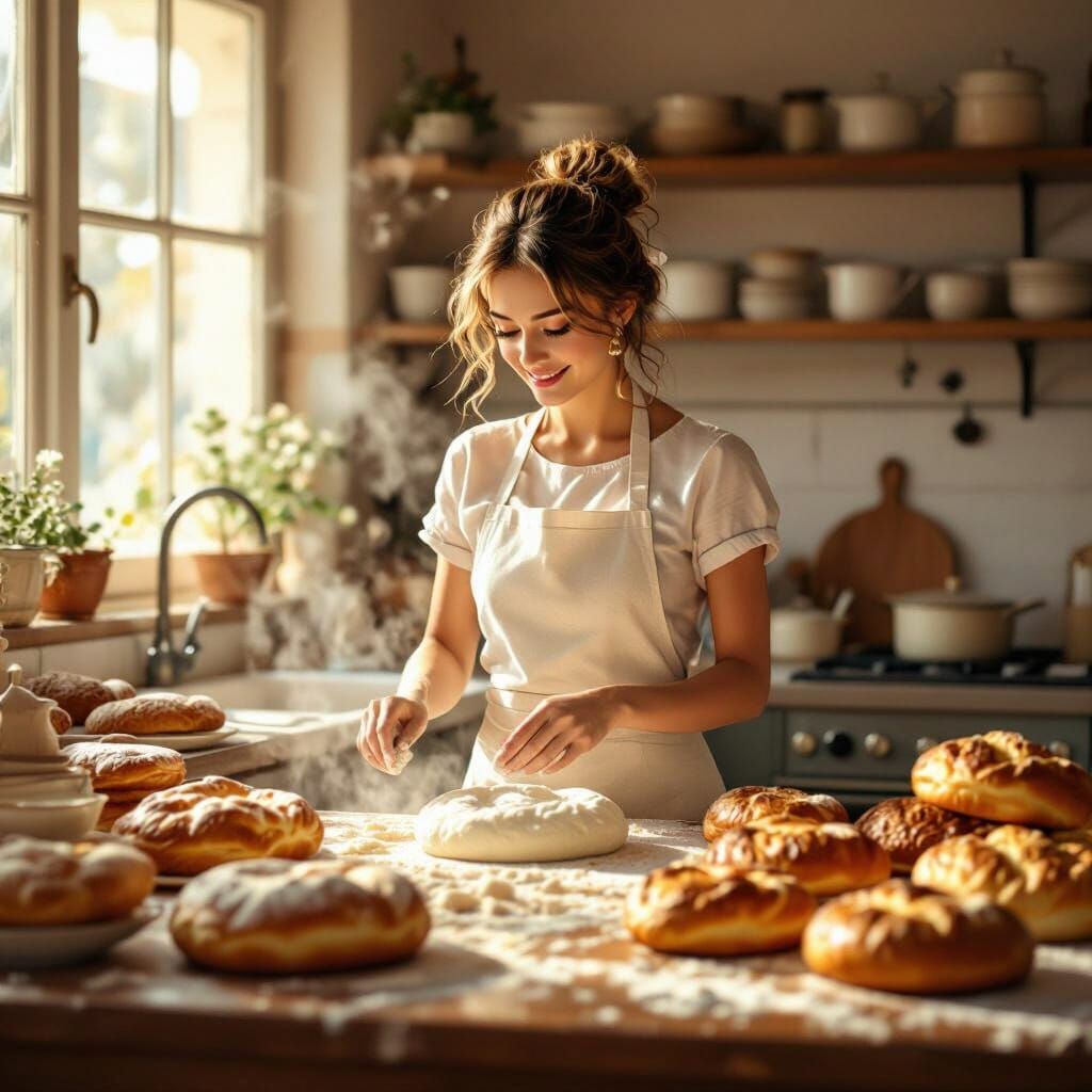 Whimsical Baker in Sun-Drenched Kitchen with Giant Pastries