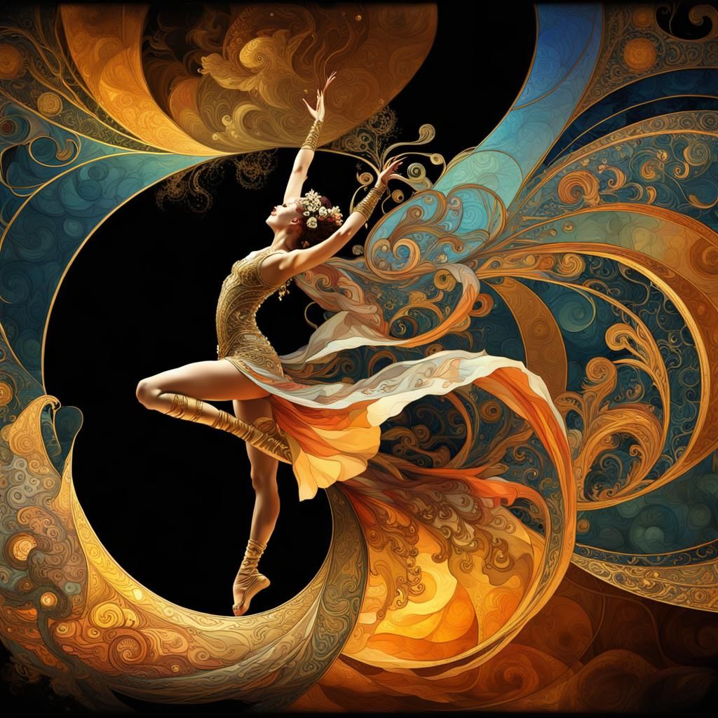 Dancer in Art Nouveau Style with Fractal Curves