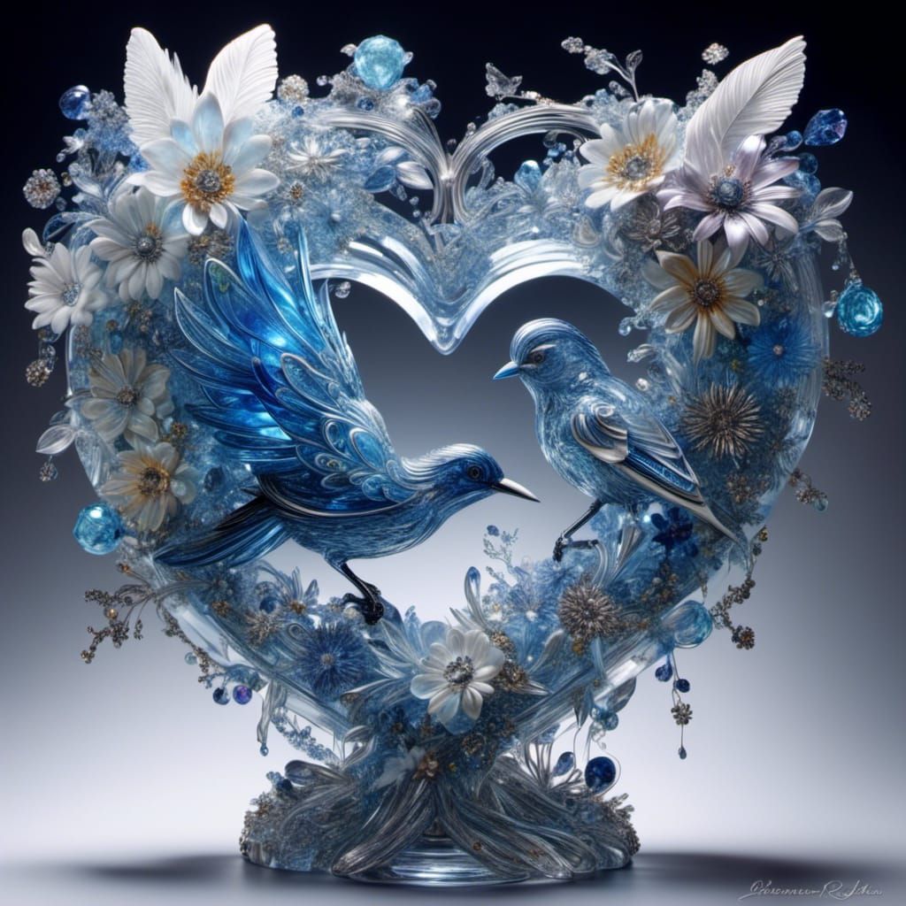Crystal Heart with Bluejay in Decoupage Style