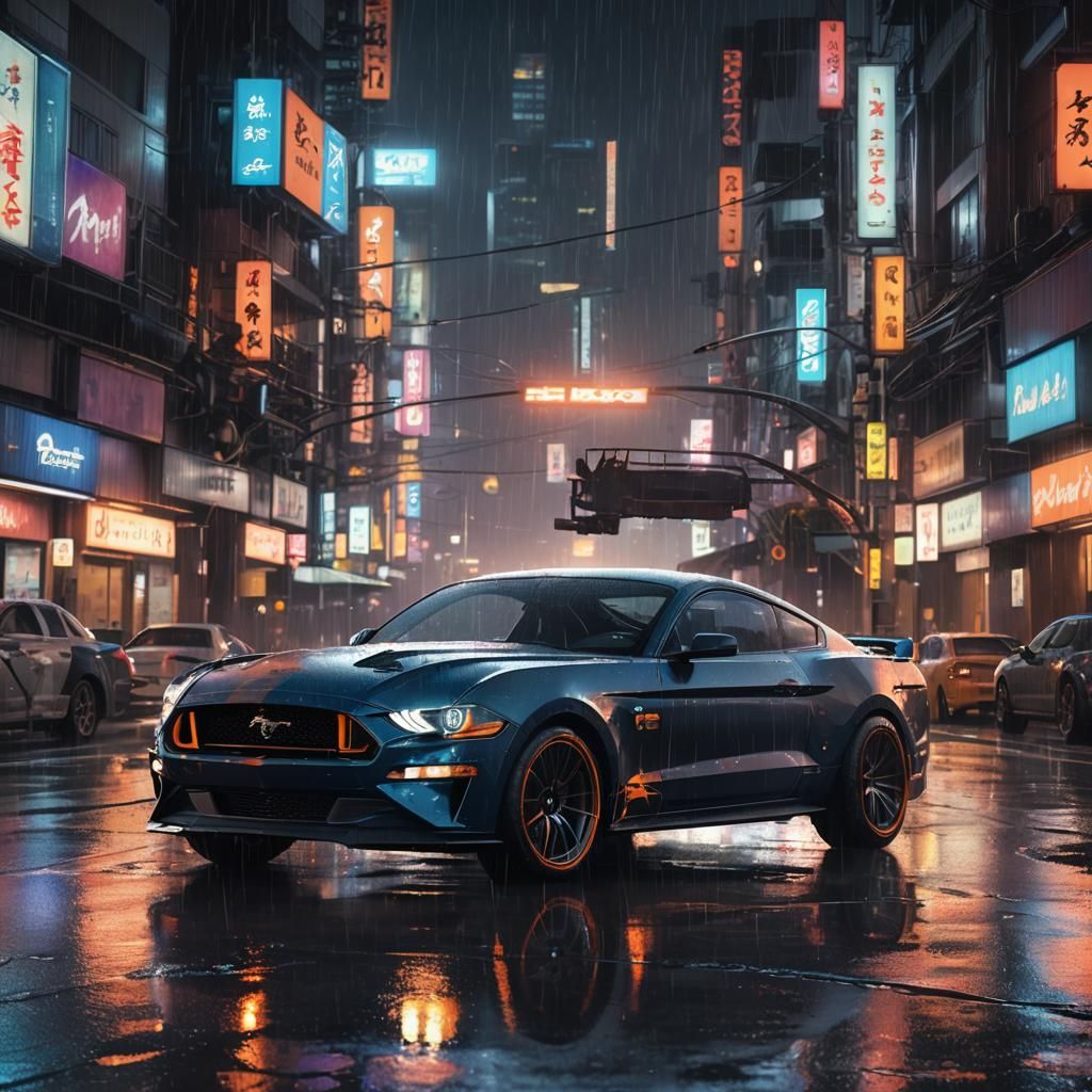 Mustang GT Drifting in Rainy Tokyo: Digital Matte Painting