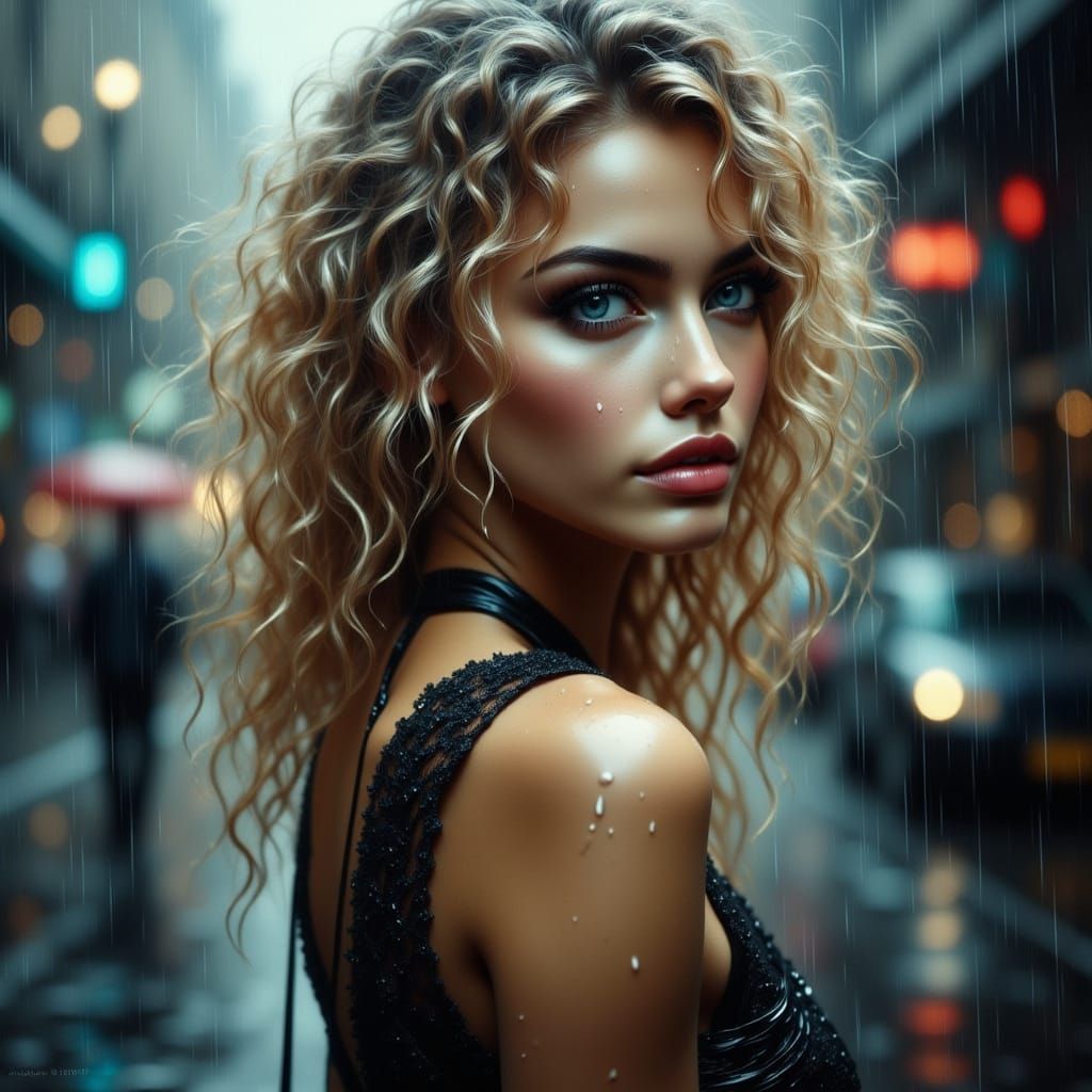 Rain-Kissed Beauty: Hyper-Realistic Portrait of a Young Woma...