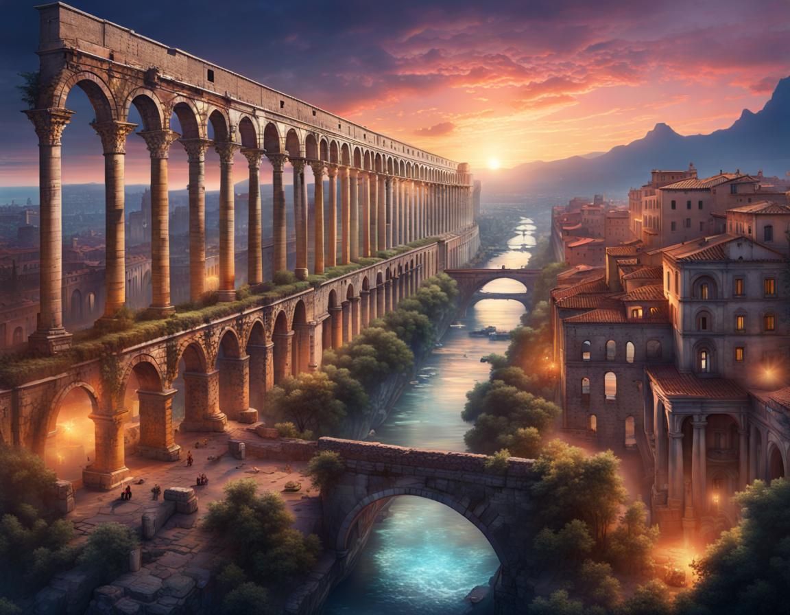 Roman Aqueducts at Twilight: Solarpunk Digital Art