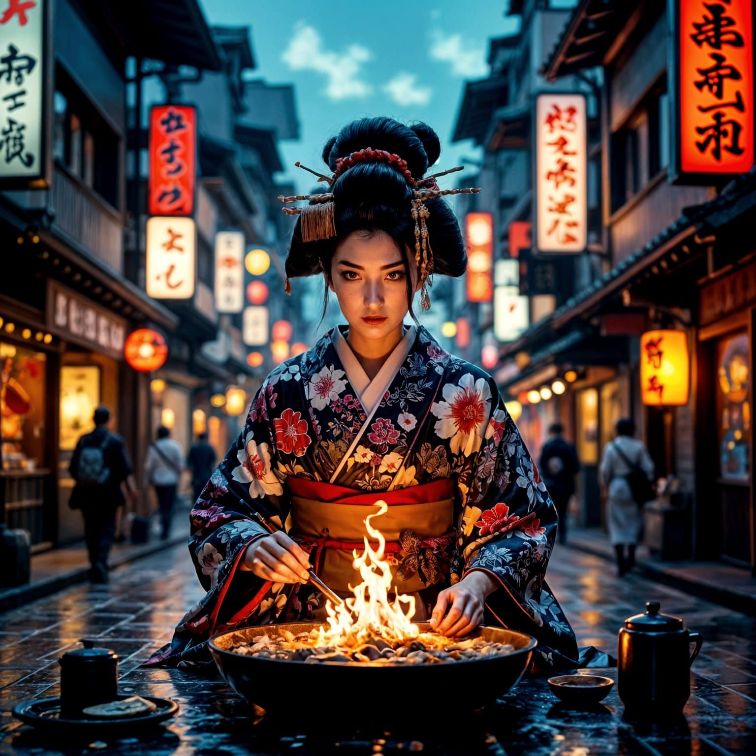 Futuristic Tokyo Street Food Mythology in Ukiyo-e Style