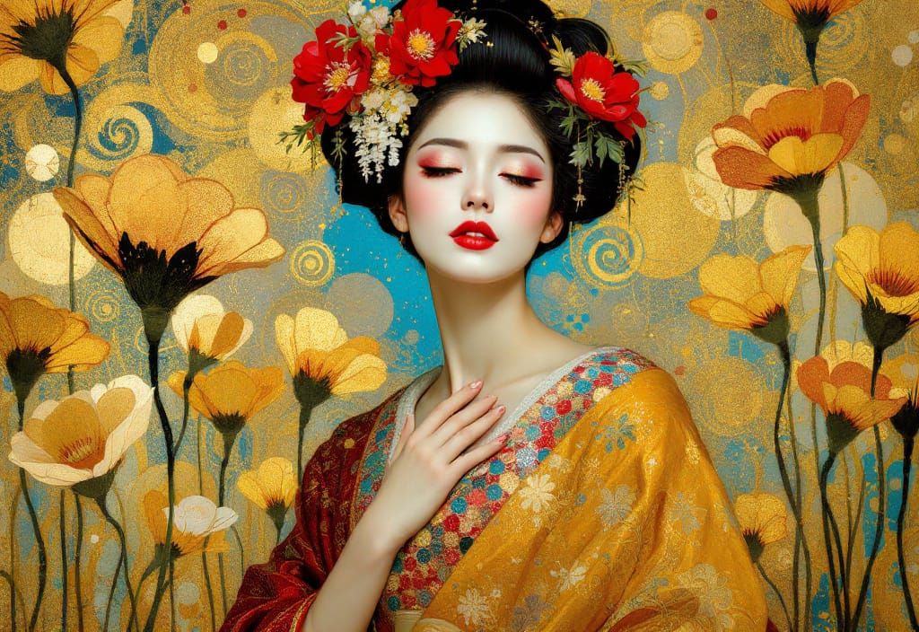 Geisha Portrait in Golden Impressionistic Style