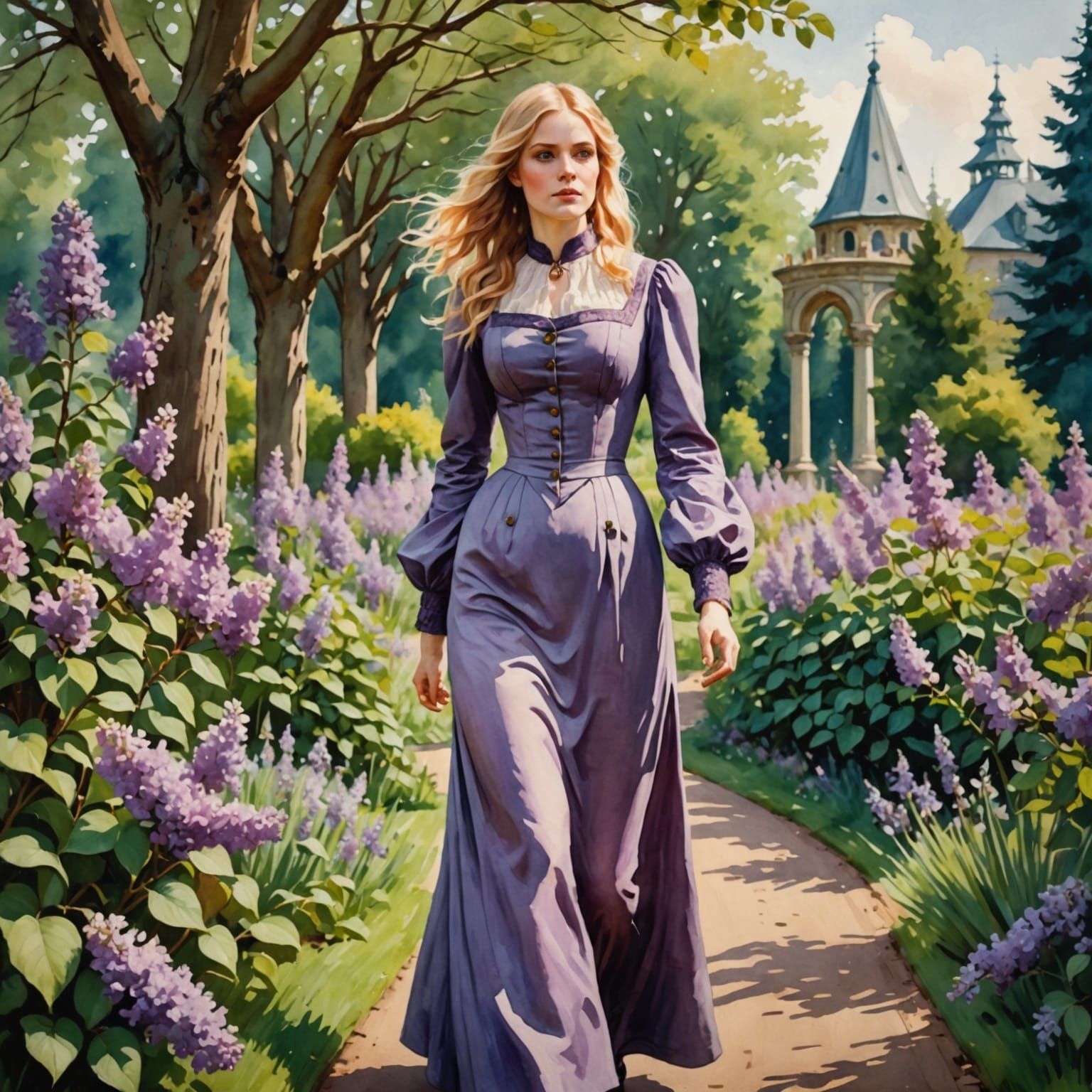 Botanical Garden Stroll: Watercolor Painting of a Woman
