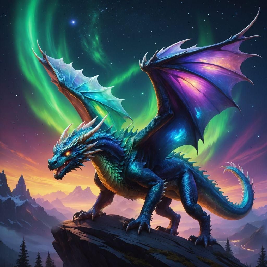 Iridescent Dragon Flight Through Aurora Sky