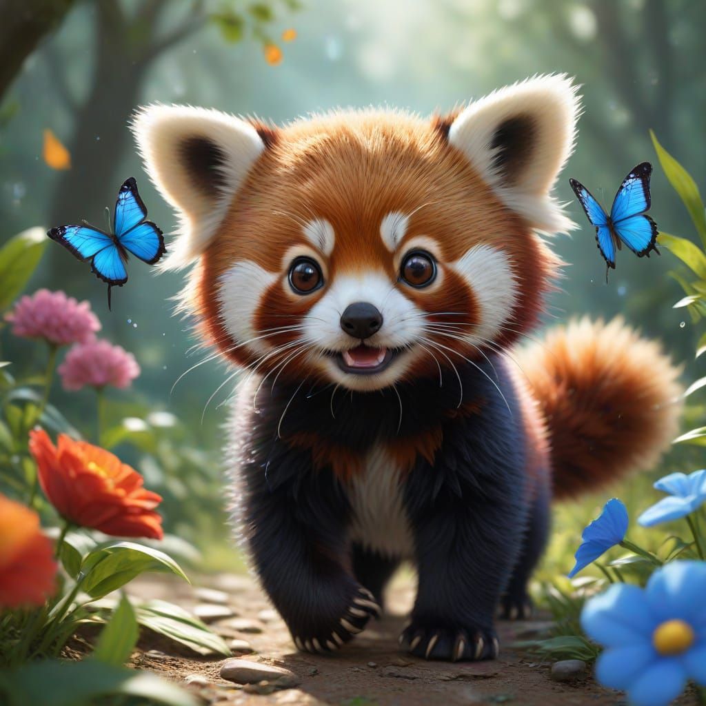 Adorable Baby Red Panda Plays with Butterfly in Vibrant Gard...