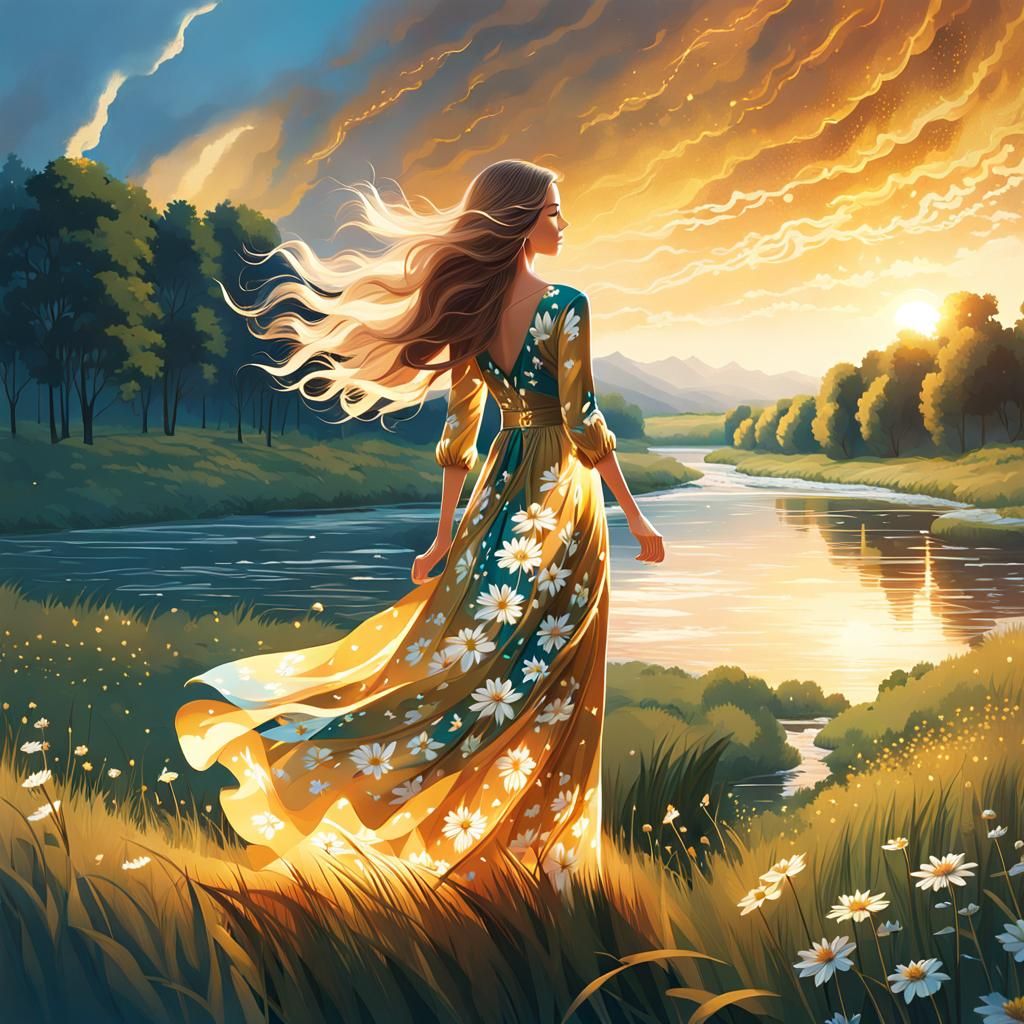 Woman in Flower Dress by River, Hyperdetailed Illustration