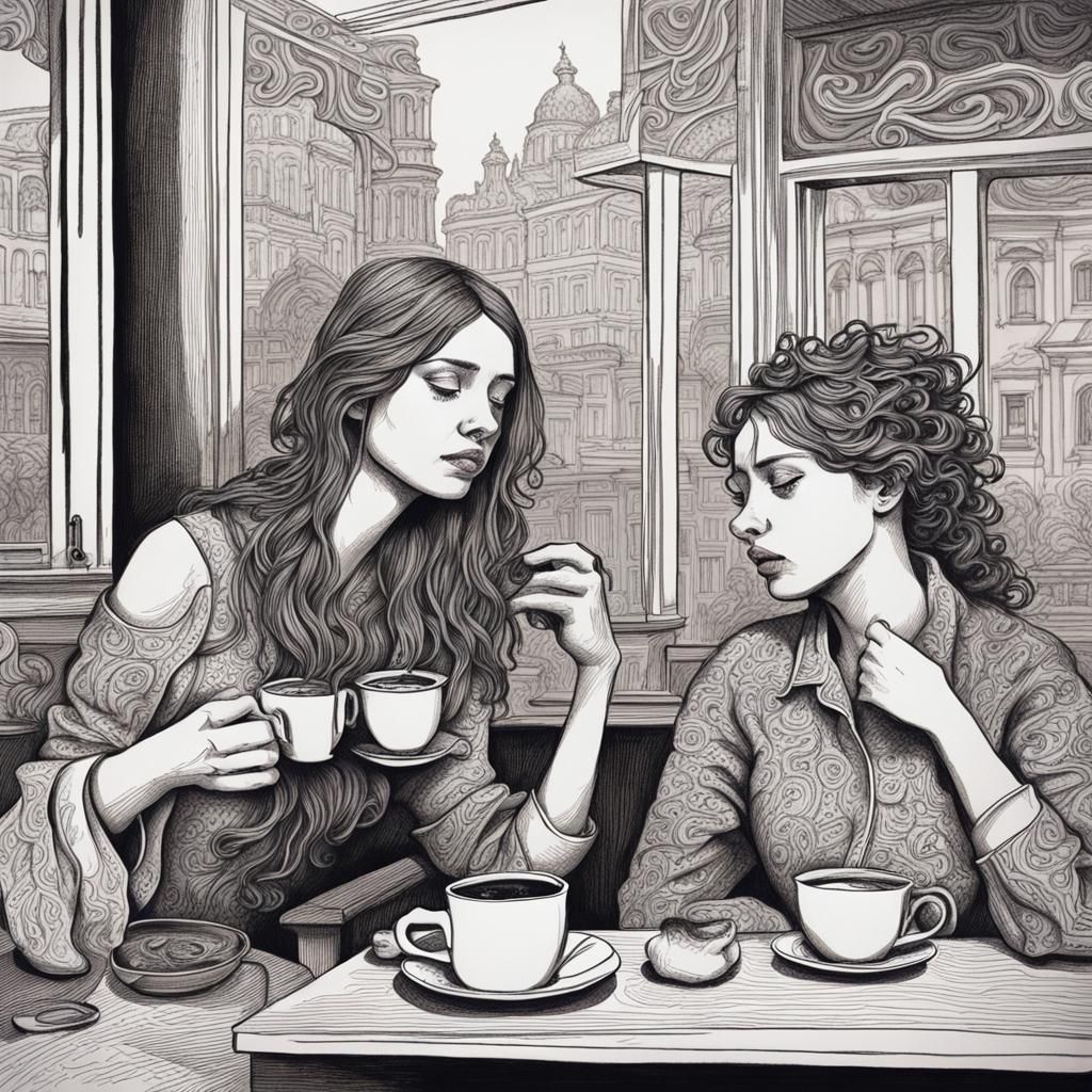 Romantic Ink Drawing: Coffee Energizes Tired Women