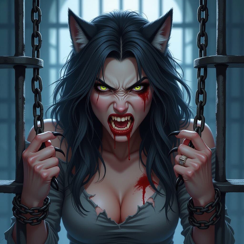 Female Werewolf in Prison Cell - Dark Fantasy Art