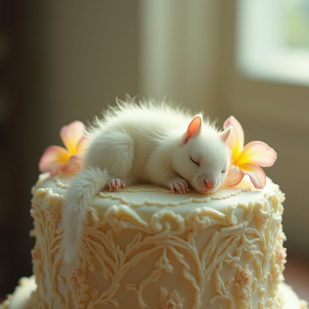 Surreal Whimsy: Fluffy Squirrel Slumbers on Lavish Cake