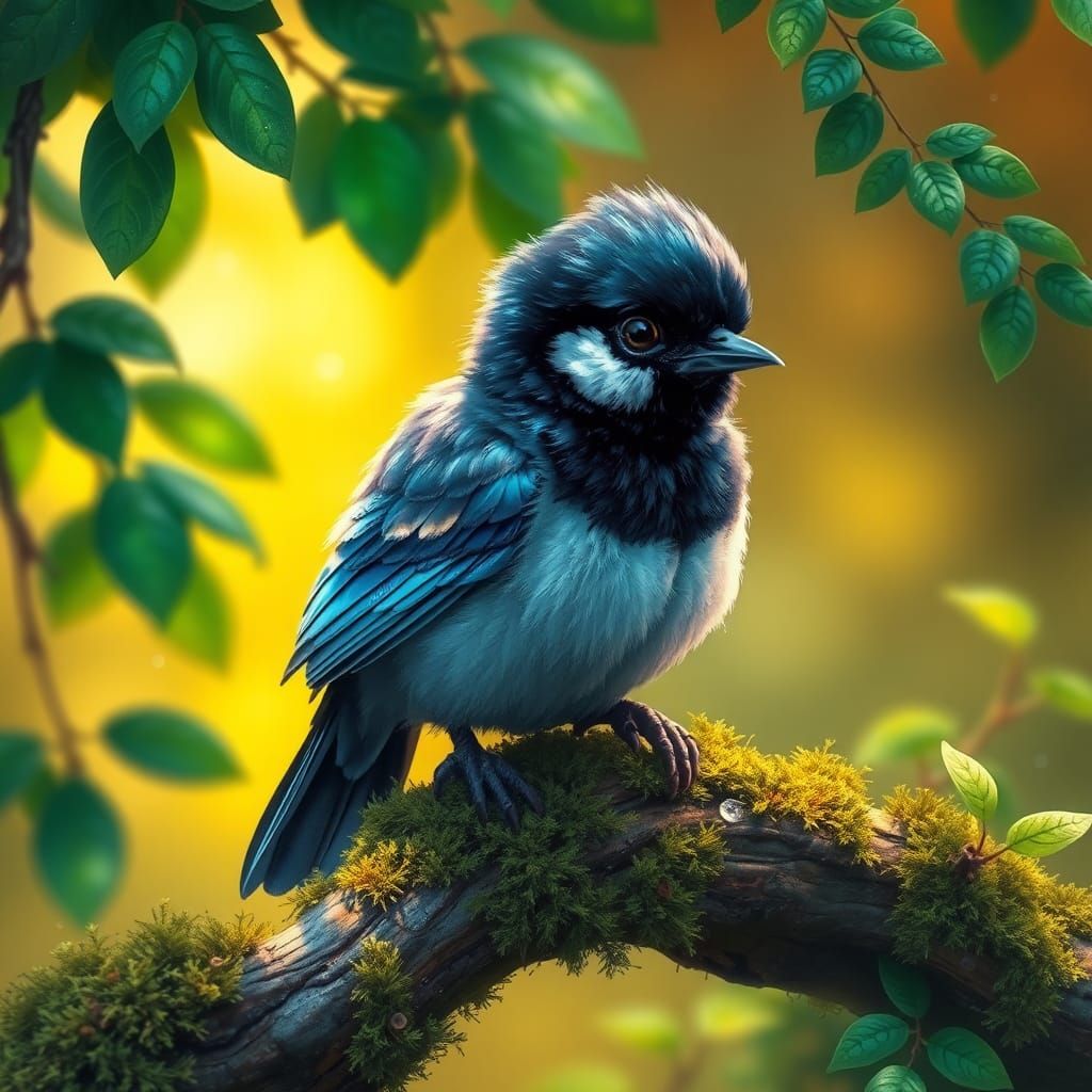 Enchanted Baby Magpie on Branch: Fantasy Concept Art