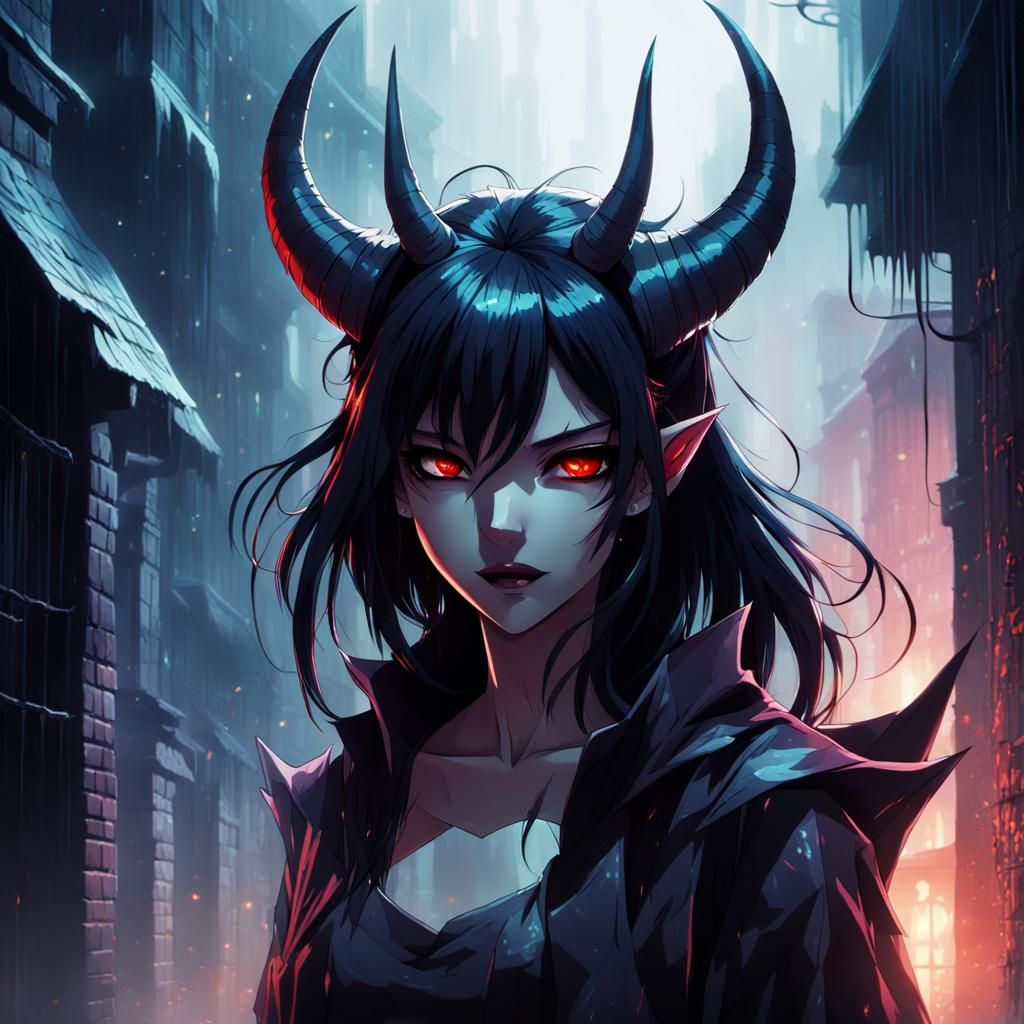 Anime Demon Girl in Misty Alleyway