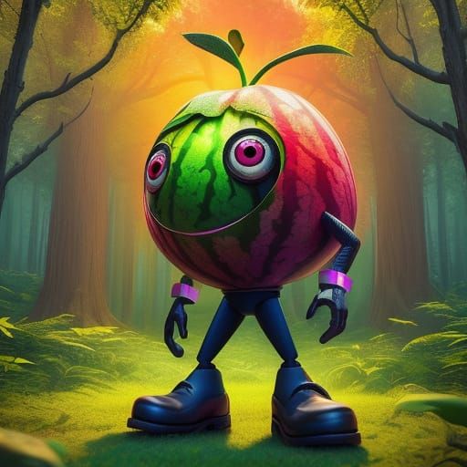 Cute Watermelon Character in Forest, 3D Digital Art